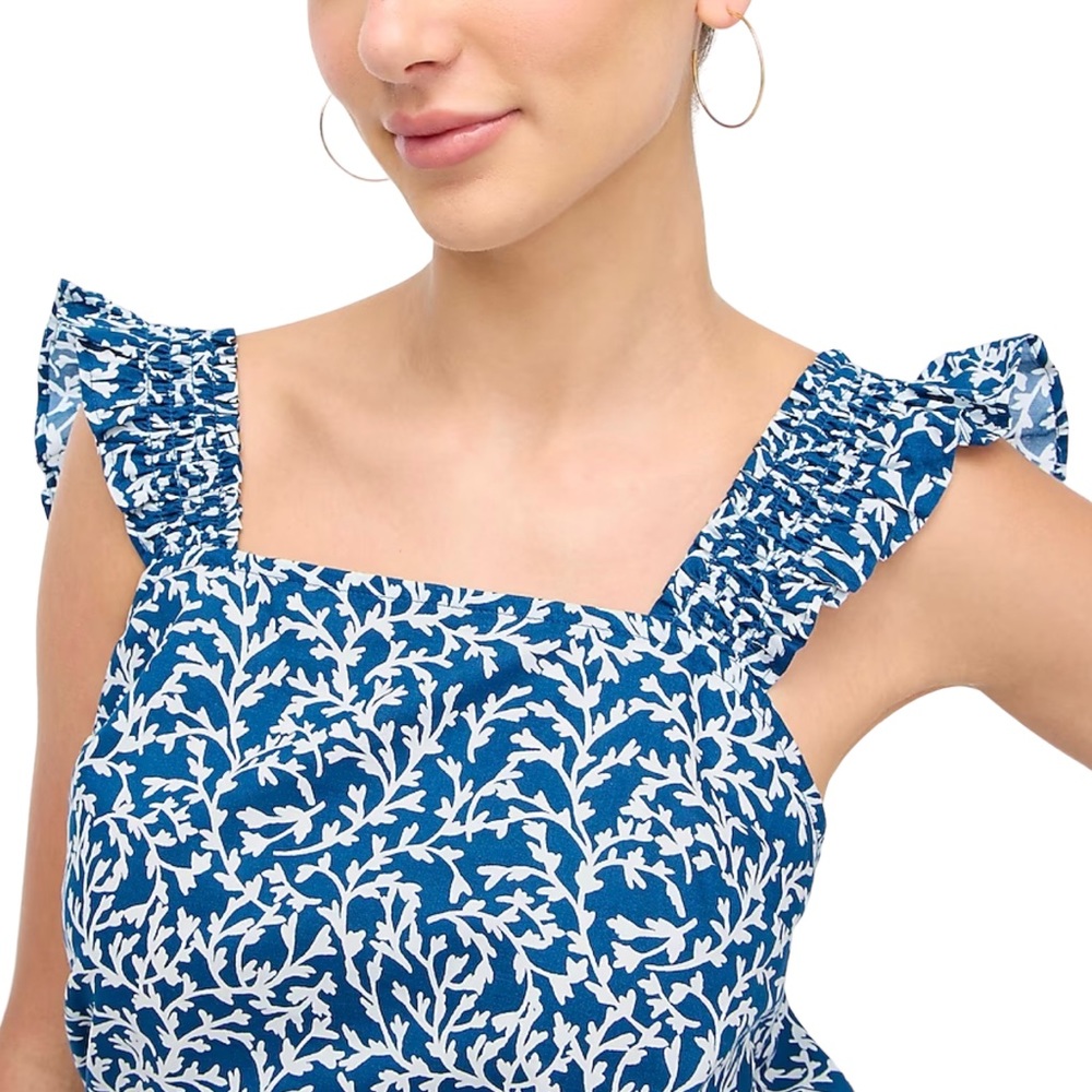NWT J. Crew Smocked Ruffle Shoulder Blue Tank Top Blouse XL